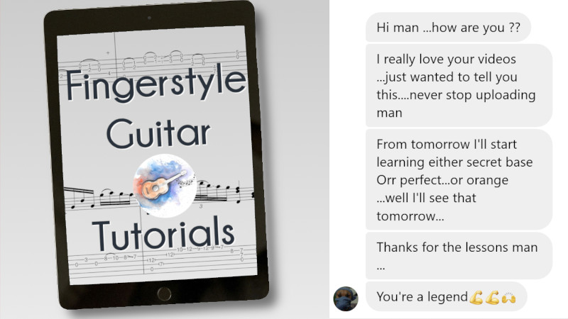 Mockup and testimonial for the advanced fingerstyle song tutorials