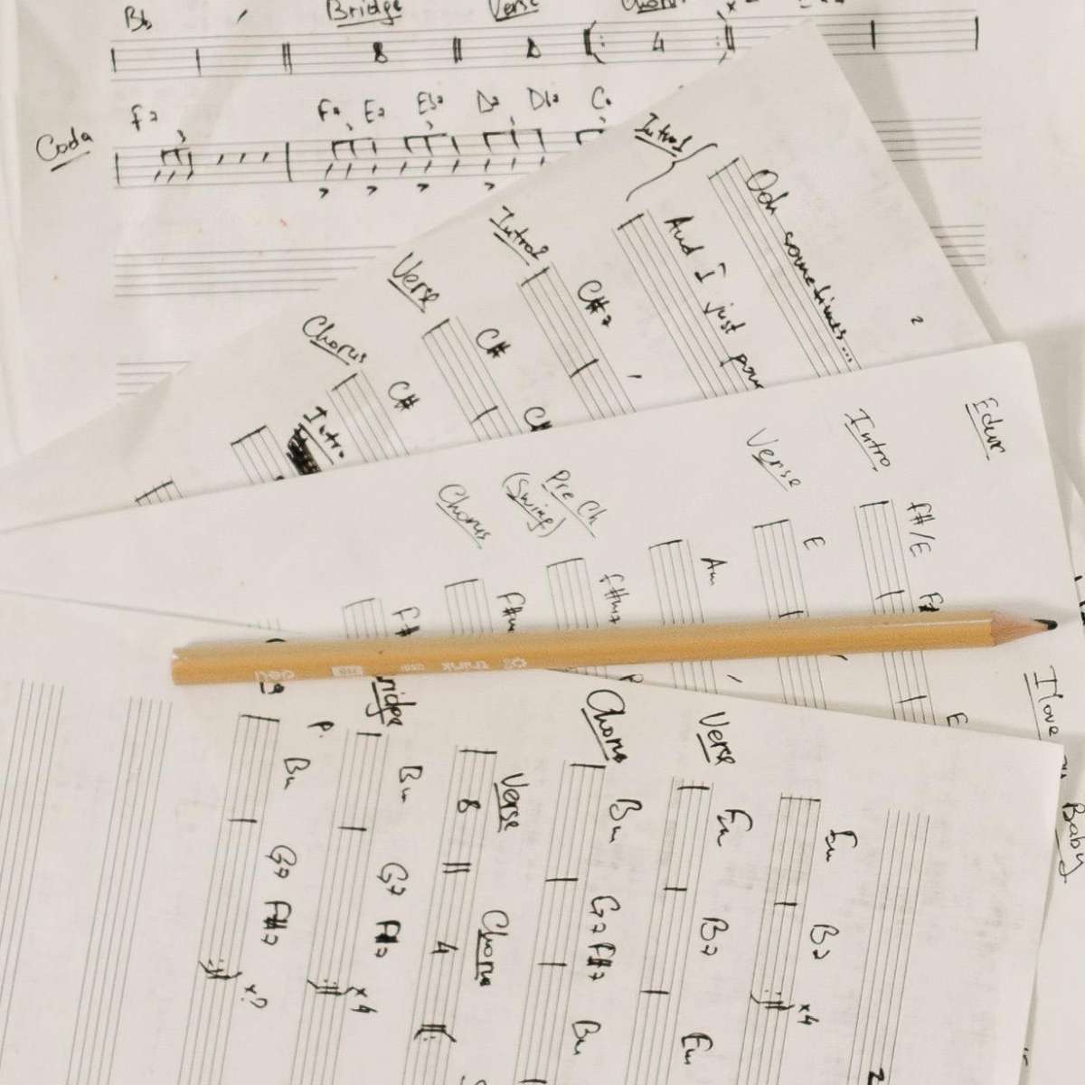 An image of a pencil on a score for guitar, representing a guitar transcription