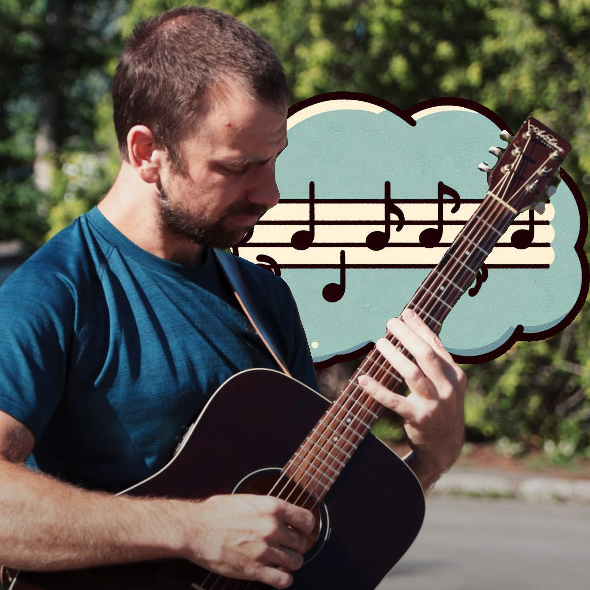 A composite image of Brett Vachon playing a mean fingerstyle guitar with music notation